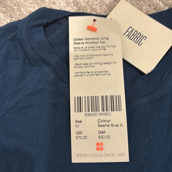 NWT sweaty Betty Glisten bamboo long sleeve top. medium beetle blue color. - Picture 3 of 4